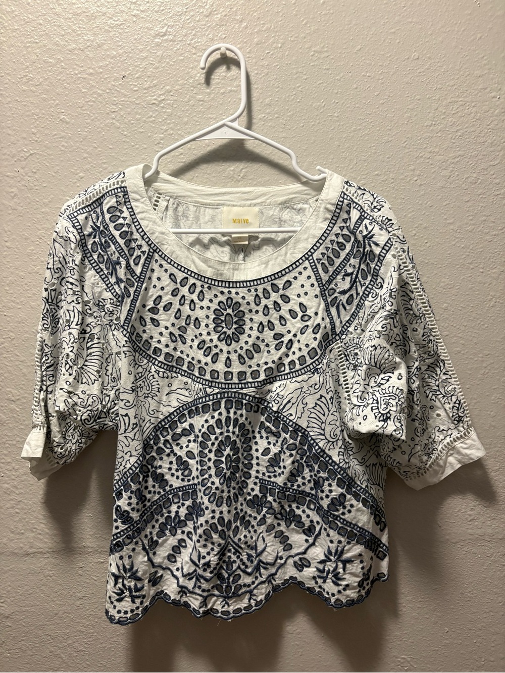 Maeve White Top with Navy Floral Embroidery